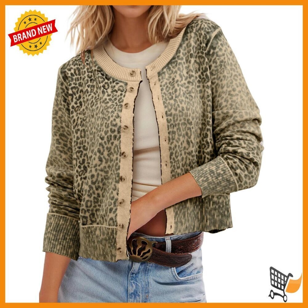 Leopard Print Cardigan Open Front Button Up Sweater Women's Cropped